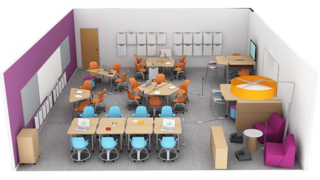 Exempel på hur ett rum för lärande kan se ut med rum för genomgång/samling, för att arbeta tillsammans och plats för eget arbete.